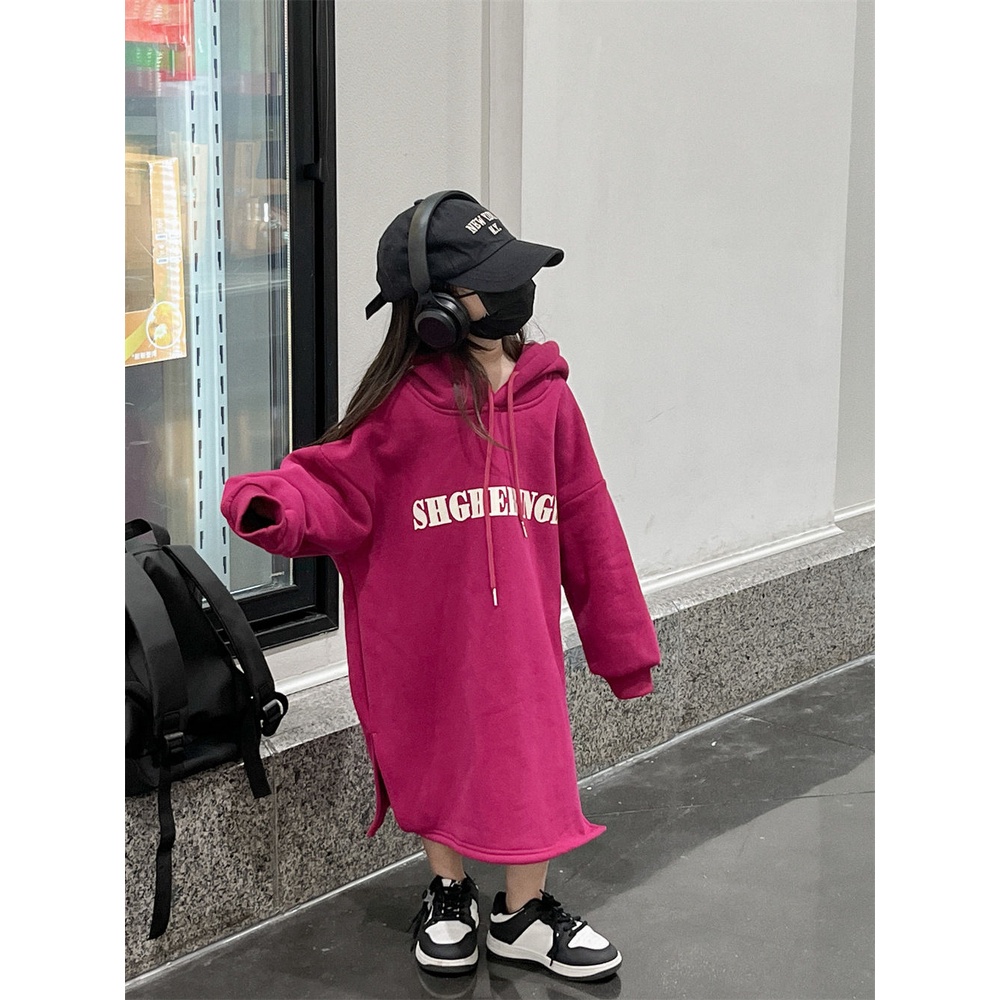 Đầm Sweatshirt Có Mũ Trùm Tay Dài In Chữ Màu Sắc Trái Cây Rồng Phong Cách Hàn Quốc