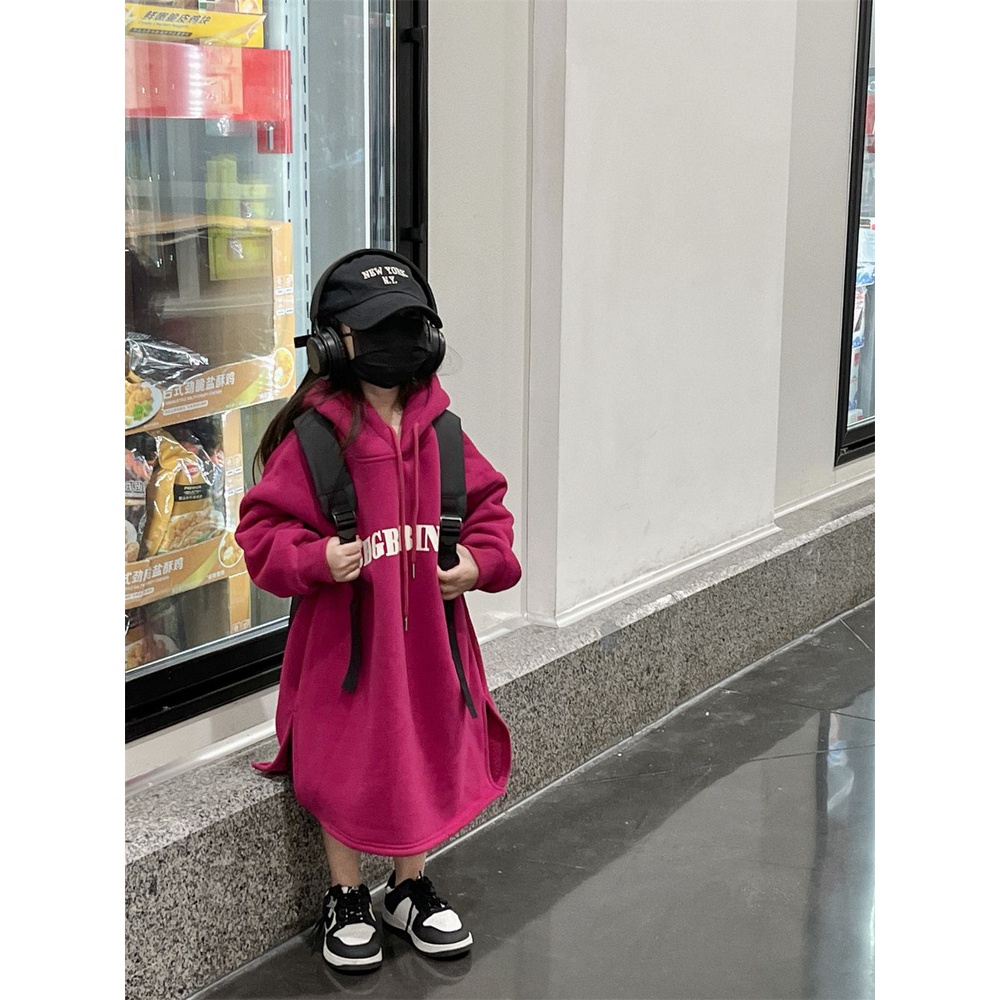 Đầm Sweatshirt Có Mũ Trùm Tay Dài In Chữ Màu Sắc Trái Cây Rồng Phong Cách Hàn Quốc