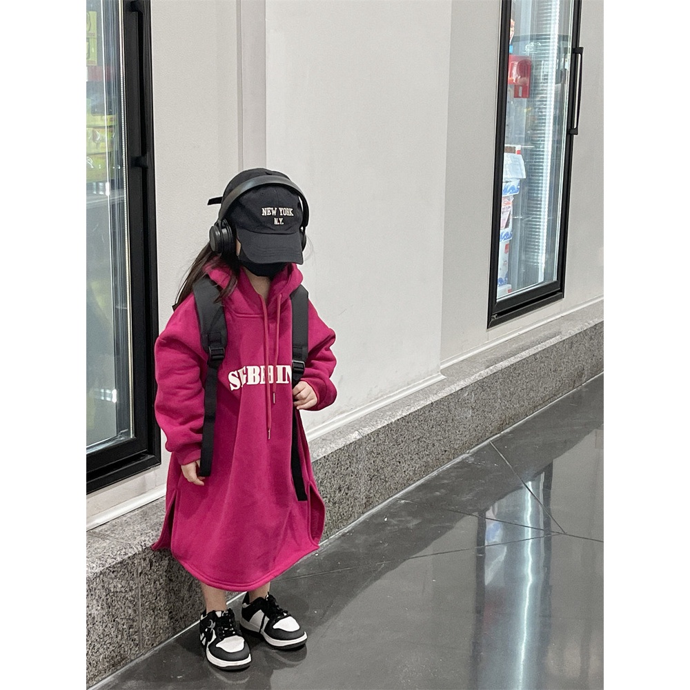 Đầm Sweatshirt Có Mũ Trùm Tay Dài In Chữ Màu Sắc Trái Cây Rồng Phong Cách Hàn Quốc