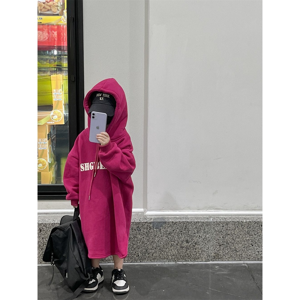 Đầm Sweatshirt Có Mũ Trùm Tay Dài In Chữ Màu Sắc Trái Cây Rồng Phong Cách Hàn Quốc