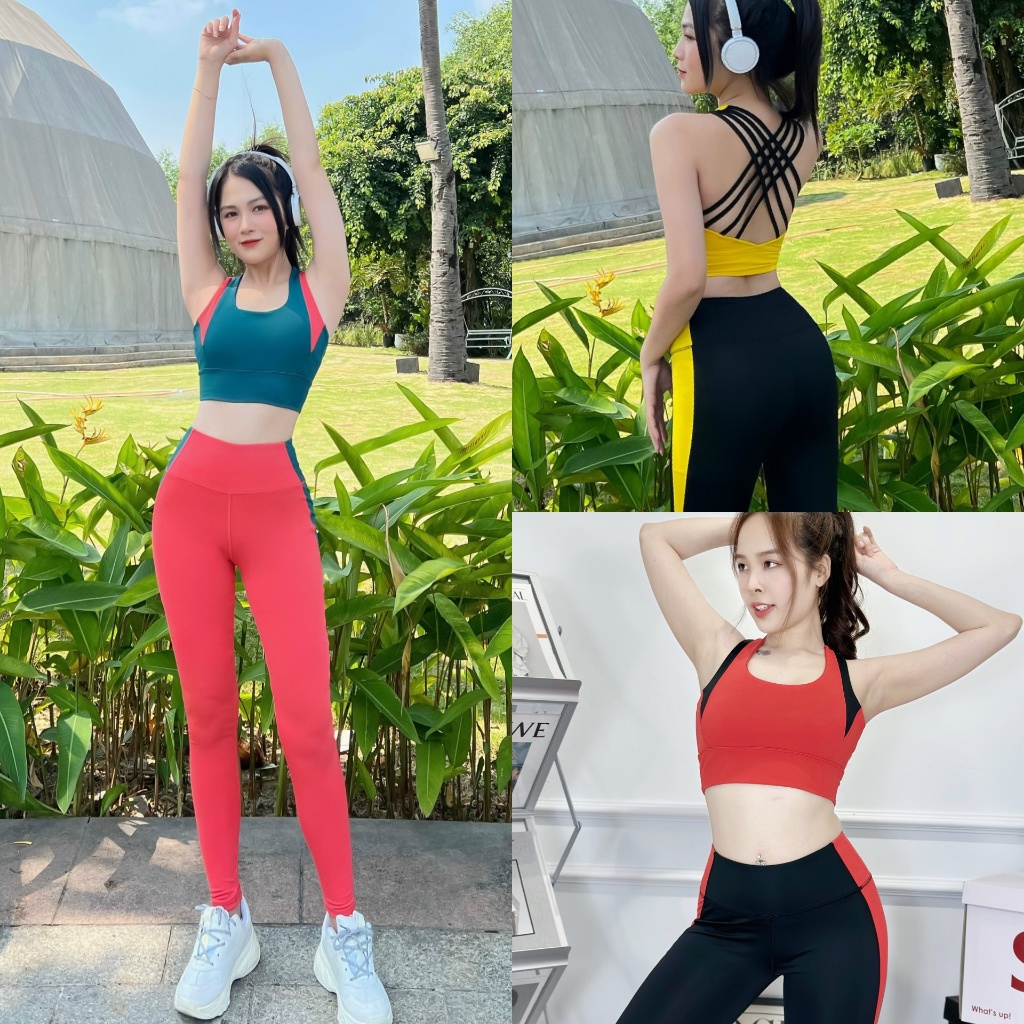 Đồ tập gym yoga nữ,bộ thể thao nữ 8 dây đan chéo, bộ quần dài áo Bra đan dây kèm mút- D15/D22/D28