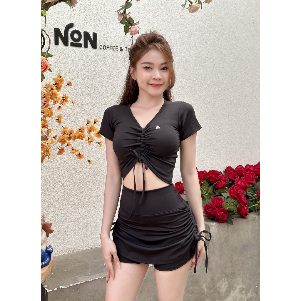 Bộ tập gym aerobic nữ, set váy đi biển, đi bơi chạy bộ nữ áo rút ngực kết hợp chân váy 2 lớp (Vay03 ko mút)