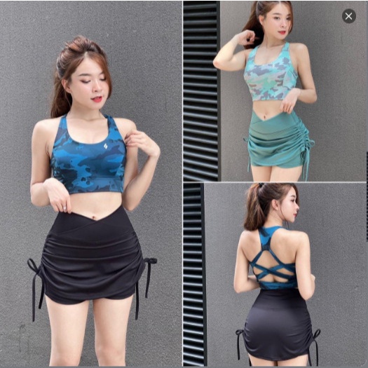 Đồ tập Gym Aerobic, đi bơi đi biển nữ áo bra đan dây kèm mút chân váy 2 lớp rút dây chất thun lạnh co giãn( VAY08)