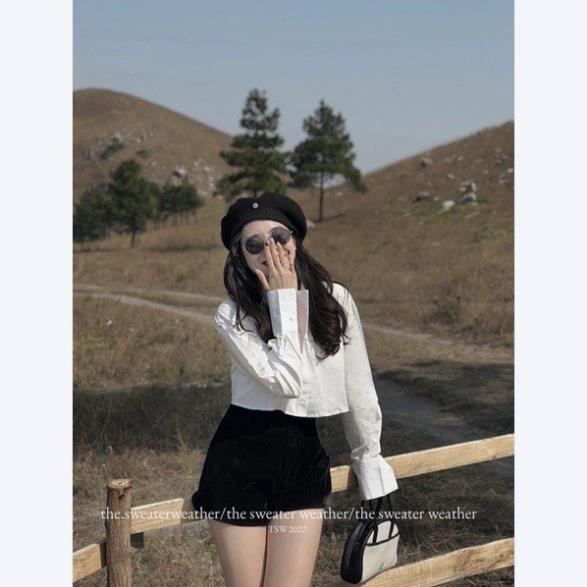 Áo sơ mi trơn tay dài basic dáng ngắn phong cách ulzzang SM2
