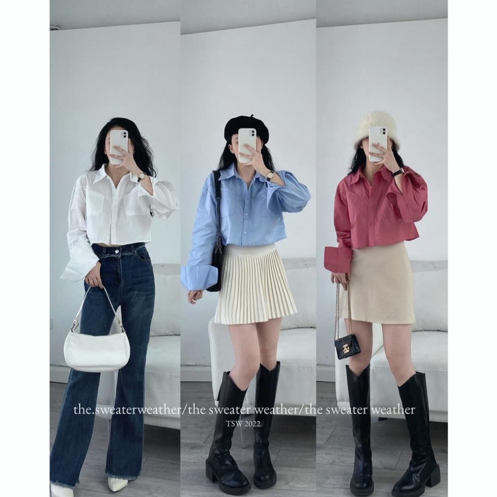 Áo sơ mi trơn tay dài basic dáng ngắn phong cách ulzzang SM2