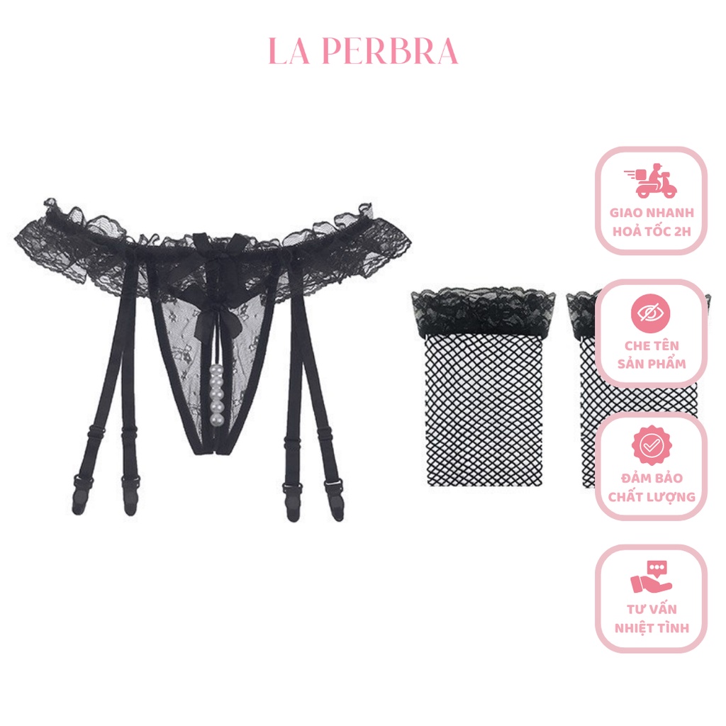 X19 | Set Quần Lót Nữ Ren Xẻ Đáy Đính Nơ Mềm Mại Quần Lọt Khe Sexy Kèm Vớ La Perbra - Quần và vớ