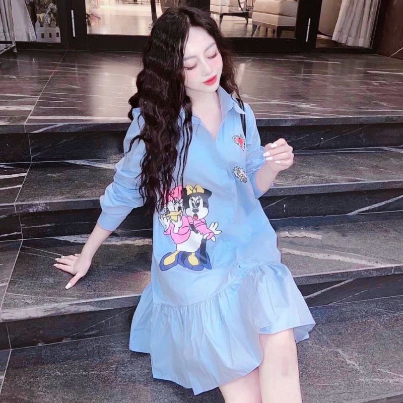 (Sỉ 3)❤️Đầm Mickey Xanh Sơ Mi Lụa Thái Hàn Quốc