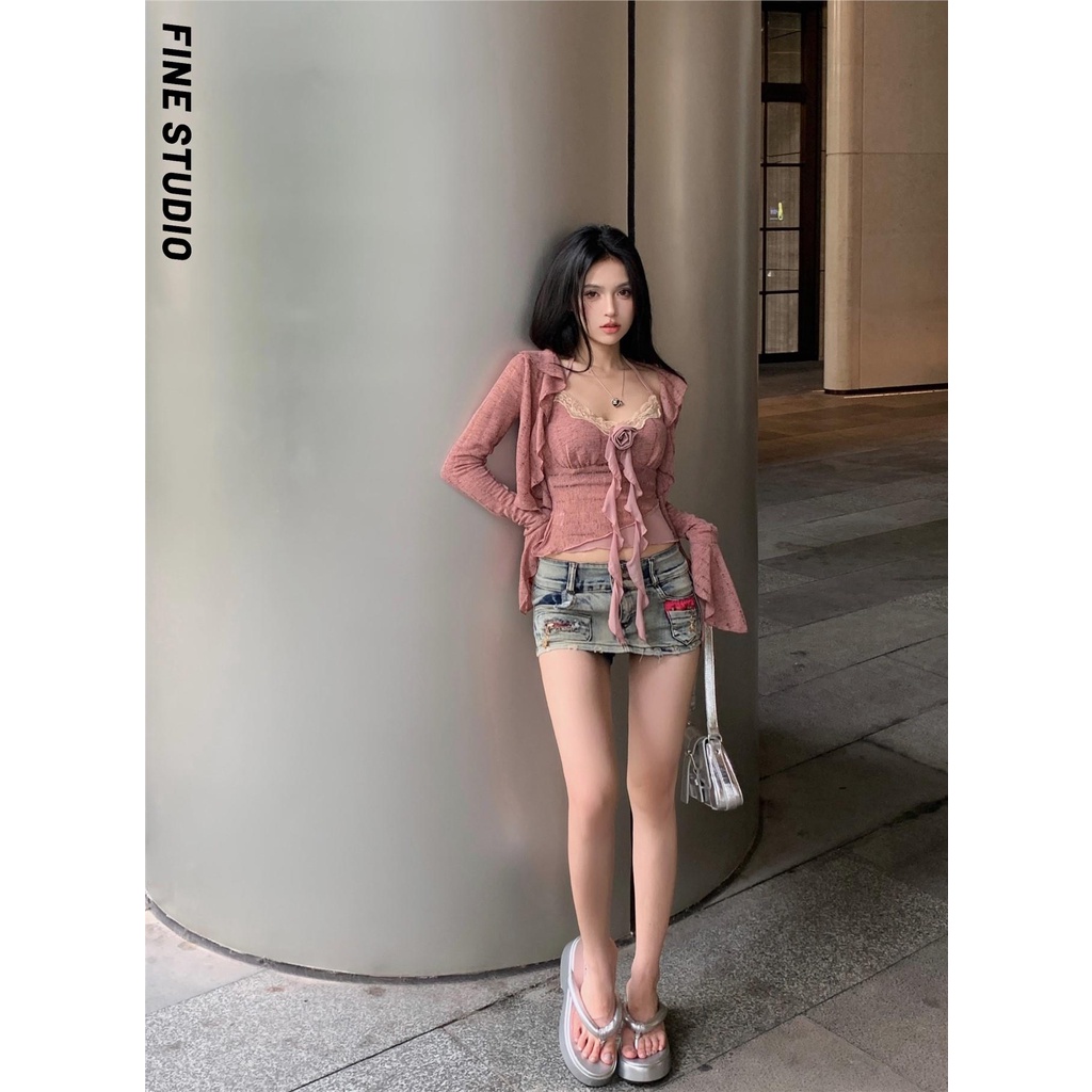 Bộ Áo Sweater Tay Dài Phối Bèo + Áo Hai Dây Thời Trang Mùa Hè Cho Nữ