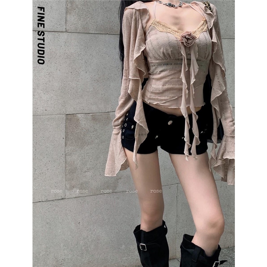 Bộ Áo Sweater Tay Dài Phối Bèo + Áo Hai Dây Thời Trang Mùa Hè Cho Nữ