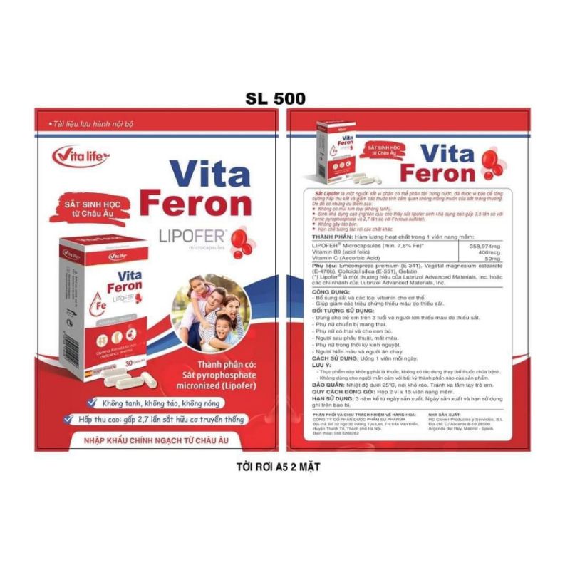 Sắt sinh học. Vita feron . không tanh, không nống, không táo, không kích ứng dạ dầy, dễ hấp thụ, Hàng nhập khẩu
