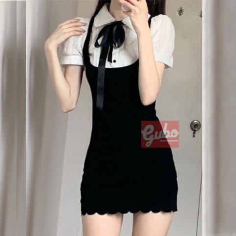 đầm nữ xinh họa tiết cổ nơ tay ngắn phong cách hàn quốc GUBOOO2