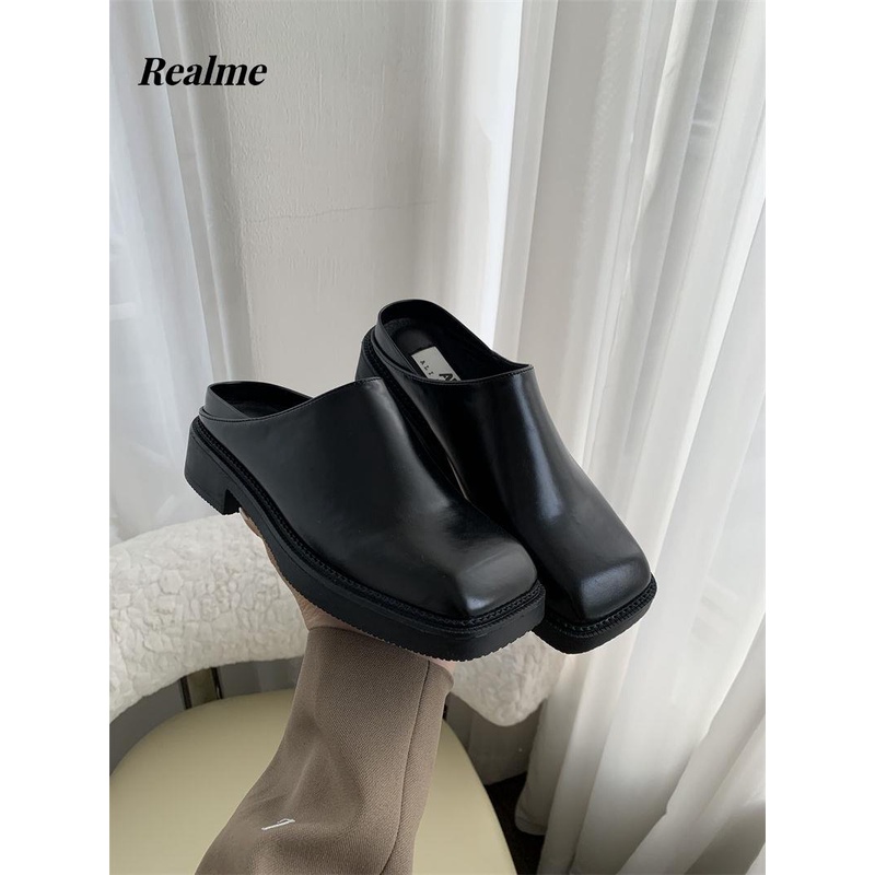 Dép Mũi Vuông Đế Dày Màu Đen Phong Cách Anh Quốc Thời Trang Cho Nữ