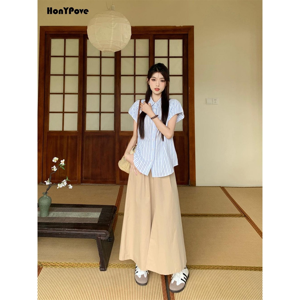 Honypove Bộ Áo Sơ Mi Kẻ Sọc Phối Chân Váy Dài Lưng Cao Thiết Kế Đơn Giản Thời Trang Mùa Hè Cho Nữ