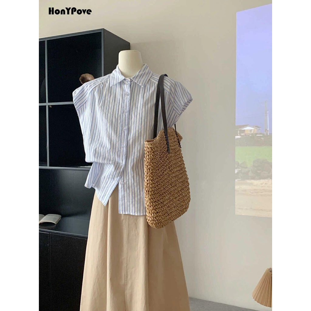Honypove Bộ Áo Sơ Mi Kẻ Sọc Phối Chân Váy Dài Lưng Cao Thiết Kế Đơn Giản Thời Trang Mùa Hè Cho Nữ