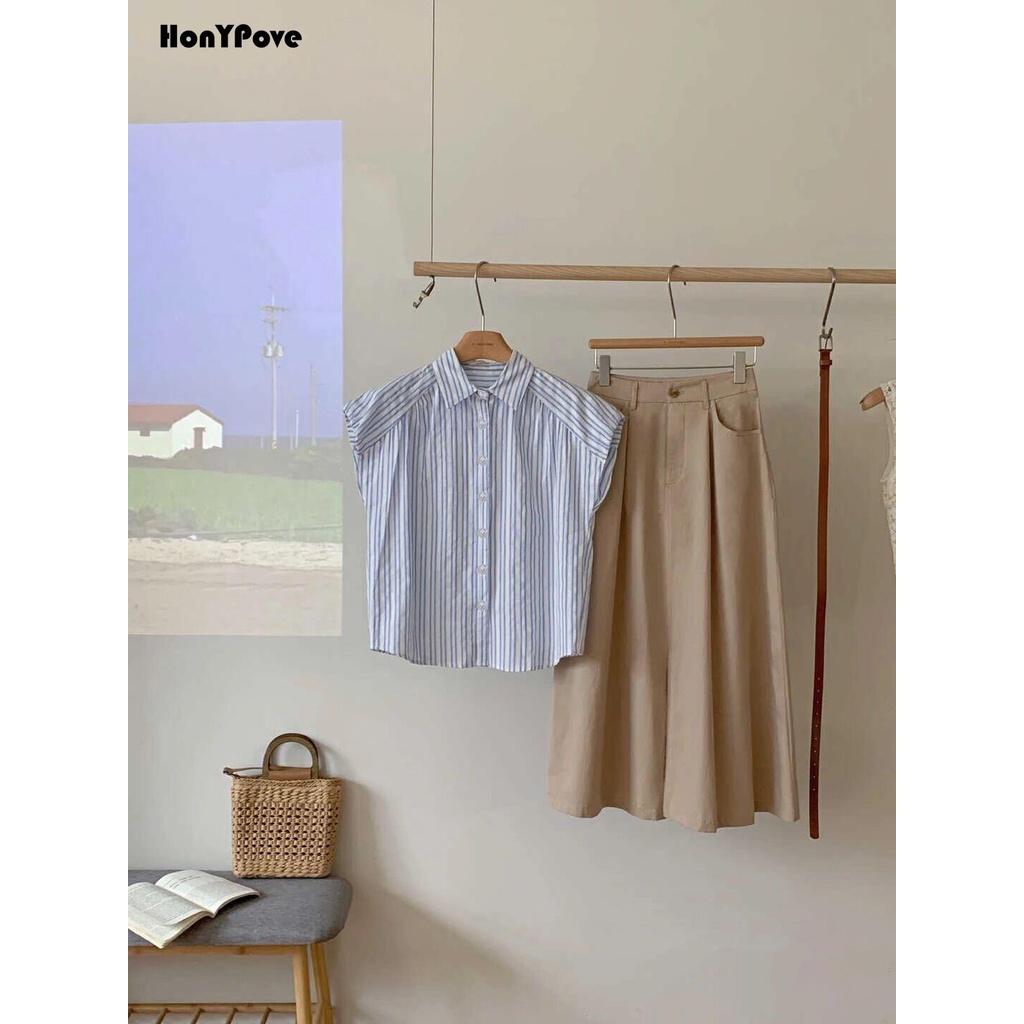 Honypove Bộ Áo Sơ Mi Kẻ Sọc Phối Chân Váy Dài Lưng Cao Thiết Kế Đơn Giản Thời Trang Mùa Hè Cho Nữ