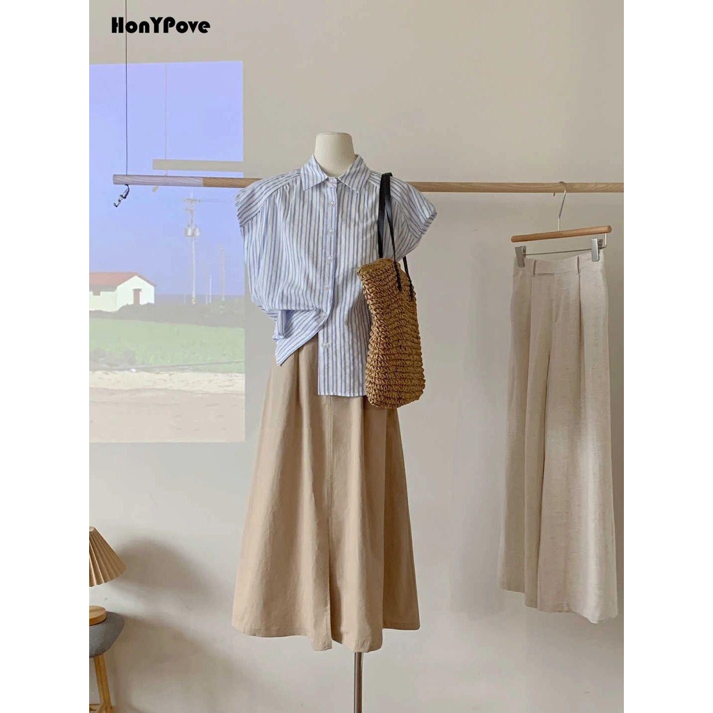 Honypove Bộ Áo Sơ Mi Kẻ Sọc Phối Chân Váy Dài Lưng Cao Thiết Kế Đơn Giản Thời Trang Mùa Hè Cho Nữ