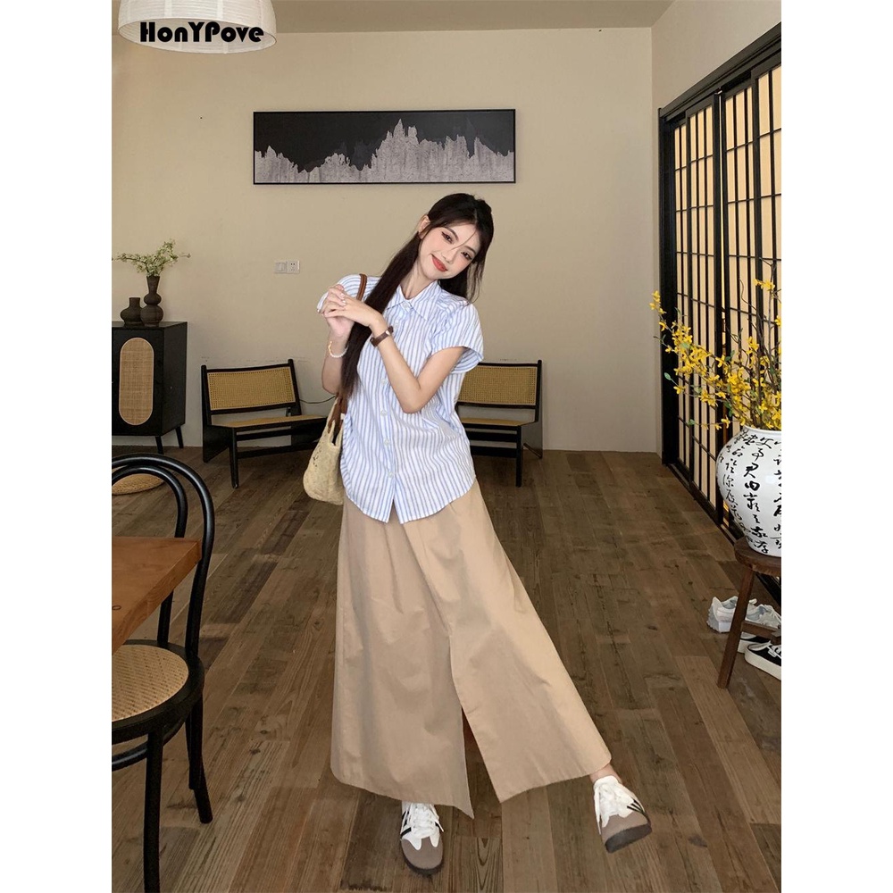 Honypove Bộ Áo Sơ Mi Kẻ Sọc Phối Chân Váy Dài Lưng Cao Thiết Kế Đơn Giản Thời Trang Mùa Hè Cho Nữ