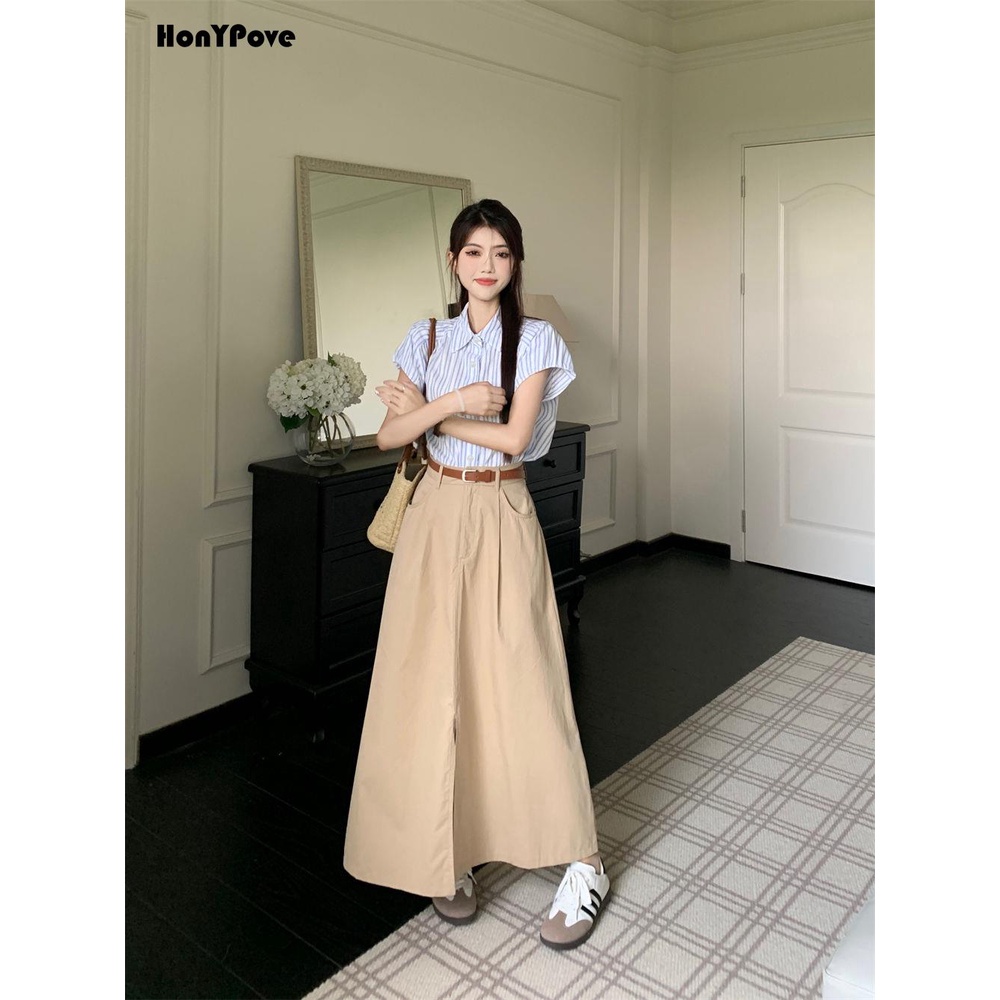 Honypove Bộ Áo Sơ Mi Kẻ Sọc Phối Chân Váy Dài Lưng Cao Thiết Kế Đơn Giản Thời Trang Mùa Hè Cho Nữ