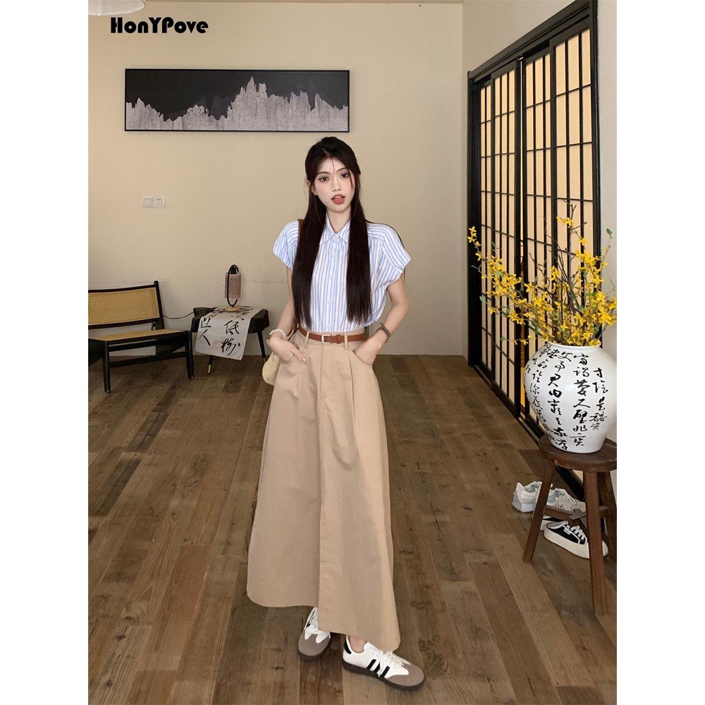 Honypove Bộ Áo Sơ Mi Kẻ Sọc Phối Chân Váy Dài Lưng Cao Thiết Kế Đơn Giản Thời Trang Mùa Hè Cho Nữ