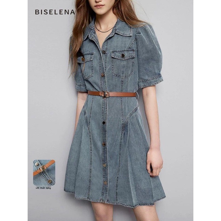 Đầm denim Tay Ngắn Thời Trang Mùa Hè 2023 Phong Cách retro Pháp Cho Nữ