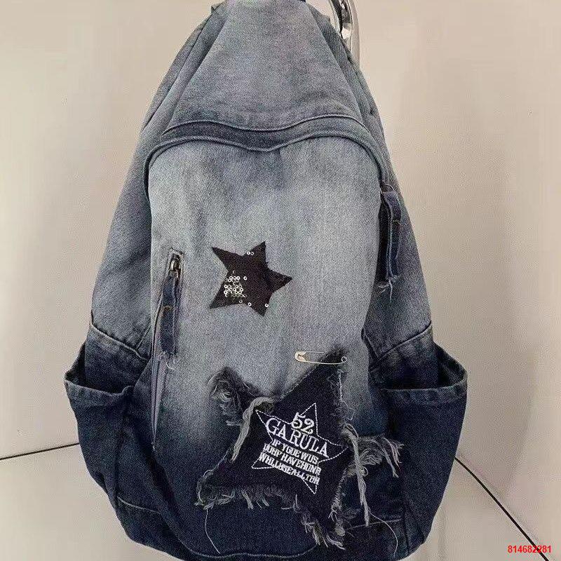 Trong kho✌✱Ba lô denim đổi màu Túi đi học cổ điển dung lượng lớn