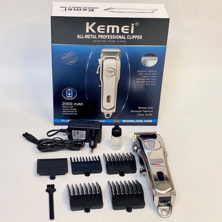 Tông Đơ Cắt Tóc Kemei KM 1998 Cao Cấp - Pin Lithium 2000mAh - Hàng Chính Hãng Chuẩn Salon - Bảo Hành 12 Tháng