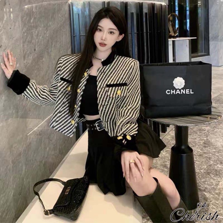 Áo Khoác Dạ Tweed Kẻ Sọc Tay Nhung Cúc Đồng-Hàng Loại 1 Dày Dặn, áo khoác croptop thu đông