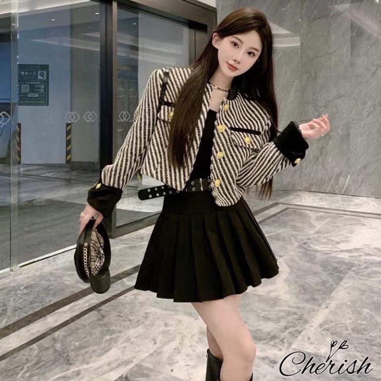 Áo Khoác Dạ Tweed Kẻ Sọc Tay Nhung Cúc Đồng-Hàng Loại 1 Dày Dặn, áo khoác croptop thu đông