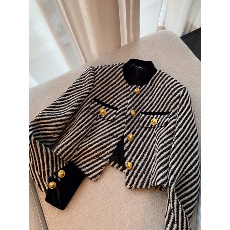 Áo Khoác Dạ Tweed Kẻ Sọc Tay Nhung Cúc Đồng-Hàng Loại 1 Dày Dặn, áo khoác croptop thu đông