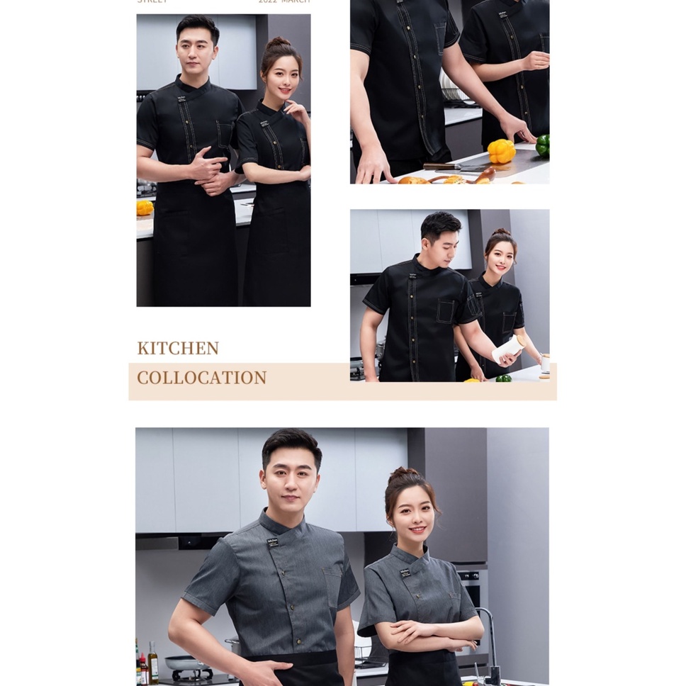 Áo Đầu Bếp Ngắn Tay Màu Đen Thoáng Khí Thời Trang Mùa Hè Cho Nam