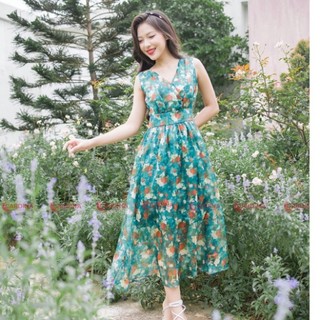 Đầm nữ Macxi chất liệu tơ cao cấp  cổ V họa tiết CARDINA 3VT05