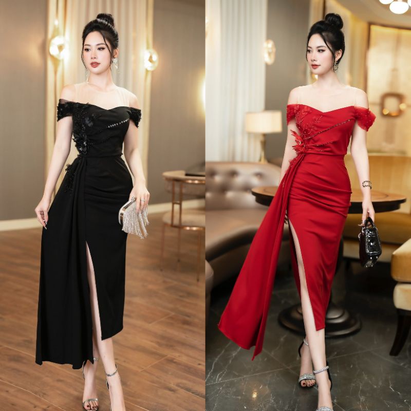 Đàm dạ hội body thiết kế rớt vai kết cườm phối lưới cao cấp-TK1 TẶNG KÈM HOA TAI THỜI TRANG