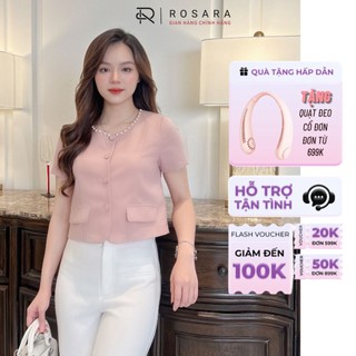 Áo sơ mi ngắn tay hồng cổ đính ngọc thời trang nữ rosara sm163
