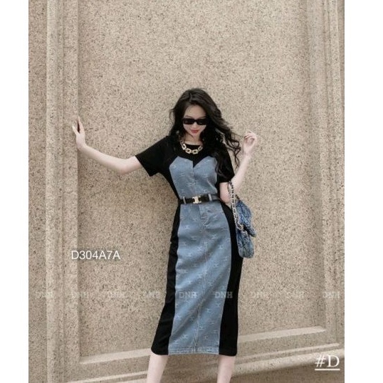 Váy Body Đen Phối Bò Dáng Dài Kèm Đai Lưng ,Đầm Thun Phối Jean Hoạ Tiết Giả Yếm Sang Trọng -V3047