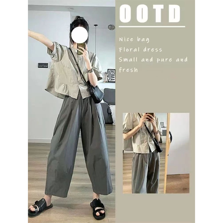 Set Áo Sơ Mi Tay Ngắn Có Túi + Quần Ống Rộng Đơn Giản Phong Cách Hong Kong / Hồng Kông / Hàn Quốc