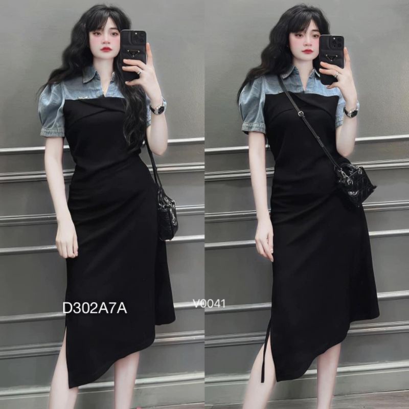 Đầm Thun Đen Phối Jeans Tay Phồng Xẻ Tà Dáng Dài ,Váy Body Dài Cổ Sơ Mi Phối Bò Phù Hợp Đi Làm Đi Chơi BEBEDOLL