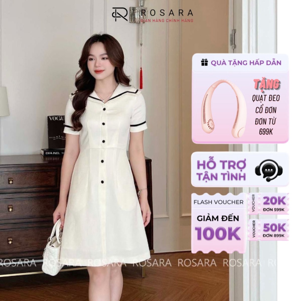 Váy Đầm Be Ngắn Tay Dáng Xòe Phối Viền Đen Thời Trang Nữ Rosara VA73