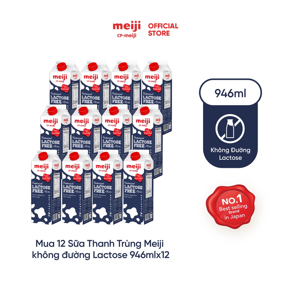  Nguyên thùng  Sữa Tươi Thanh Trùng Meiji Nhật không đường sữa Lactose vị ngọt tự nhiên 946ml - Thùng 12 hộp 