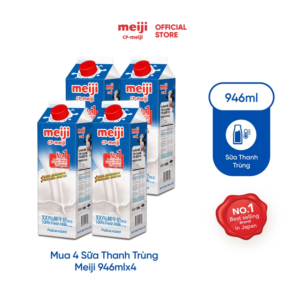 Sữa Tươi Thanh Trùng Meiji Nhật vị nguyên chất 946ml - Combo 4 hộp