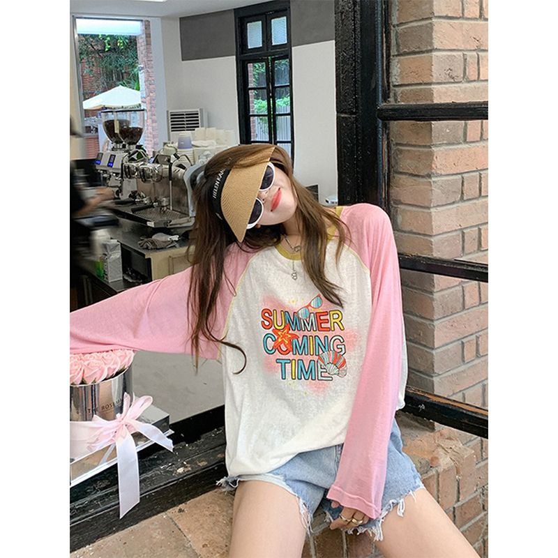 Áo Thun Tay Dài Dáng Rộng Vải Lụa Lạnh Mỏng In Hoạt Hình Phối Màu Tương Phản Thời Trang Cho Nữ