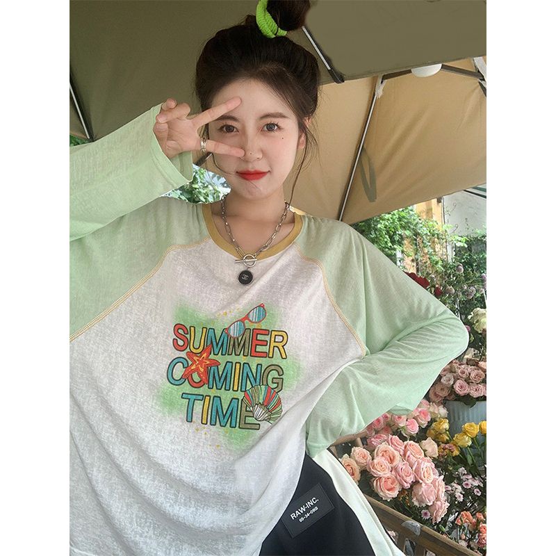 Áo Thun Tay Dài Dáng Rộng Vải Lụa Lạnh Mỏng In Hoạt Hình Phối Màu Tương Phản Thời Trang Cho Nữ