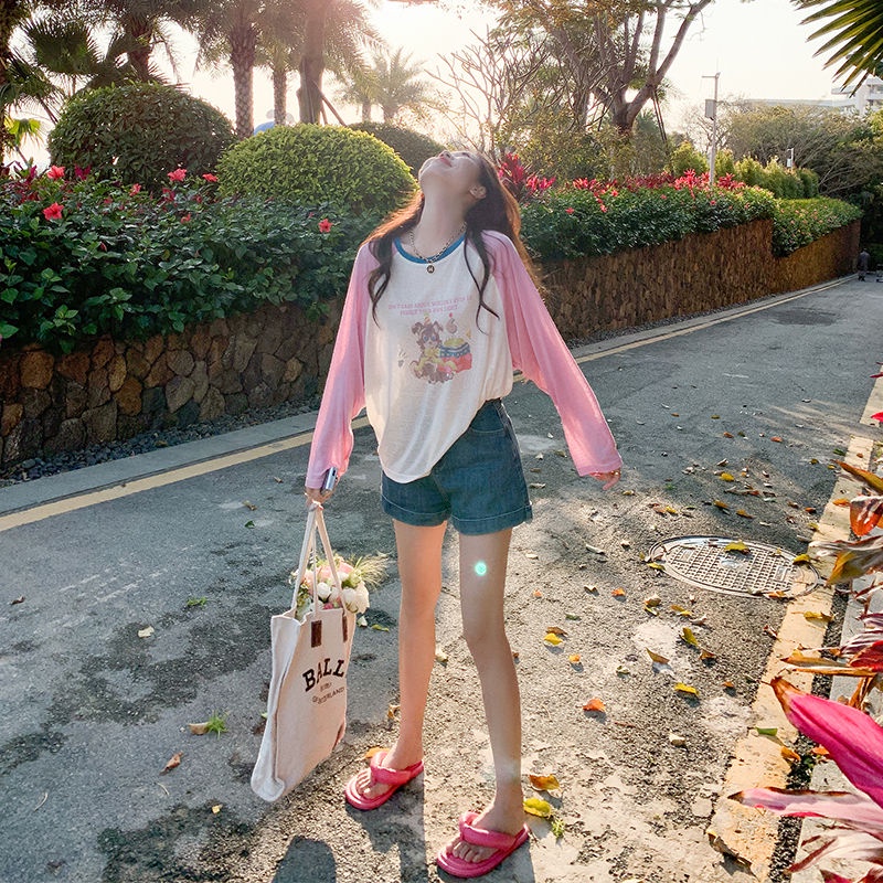 Áo Thun Tay Dài Dáng Rộng Vải Lụa Lạnh Mỏng In Hoạt Hình Phối Màu Tương Phản Thời Trang Cho Nữ