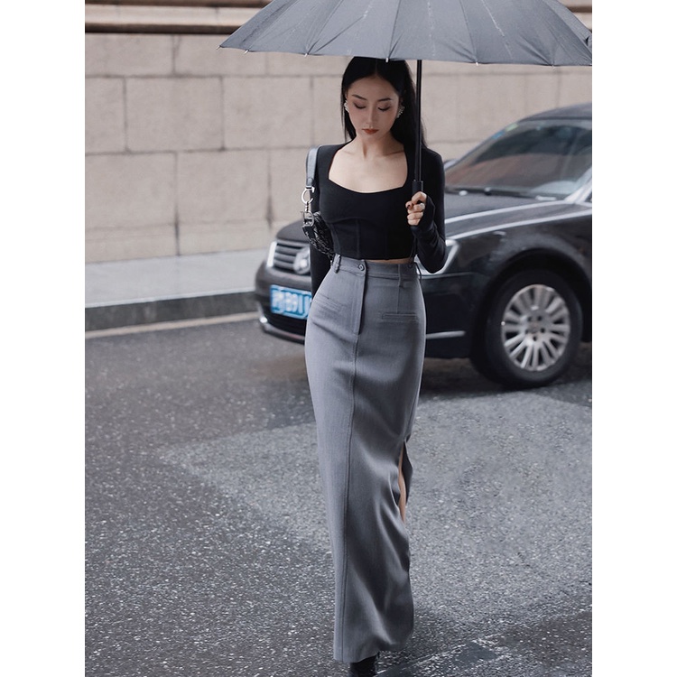 Jiashucheng Áo Vest Đen Eo Cao Dáng Dài Ôm Và Chân Váy Dài Phong Cách Retro Mùa Xuân Mới