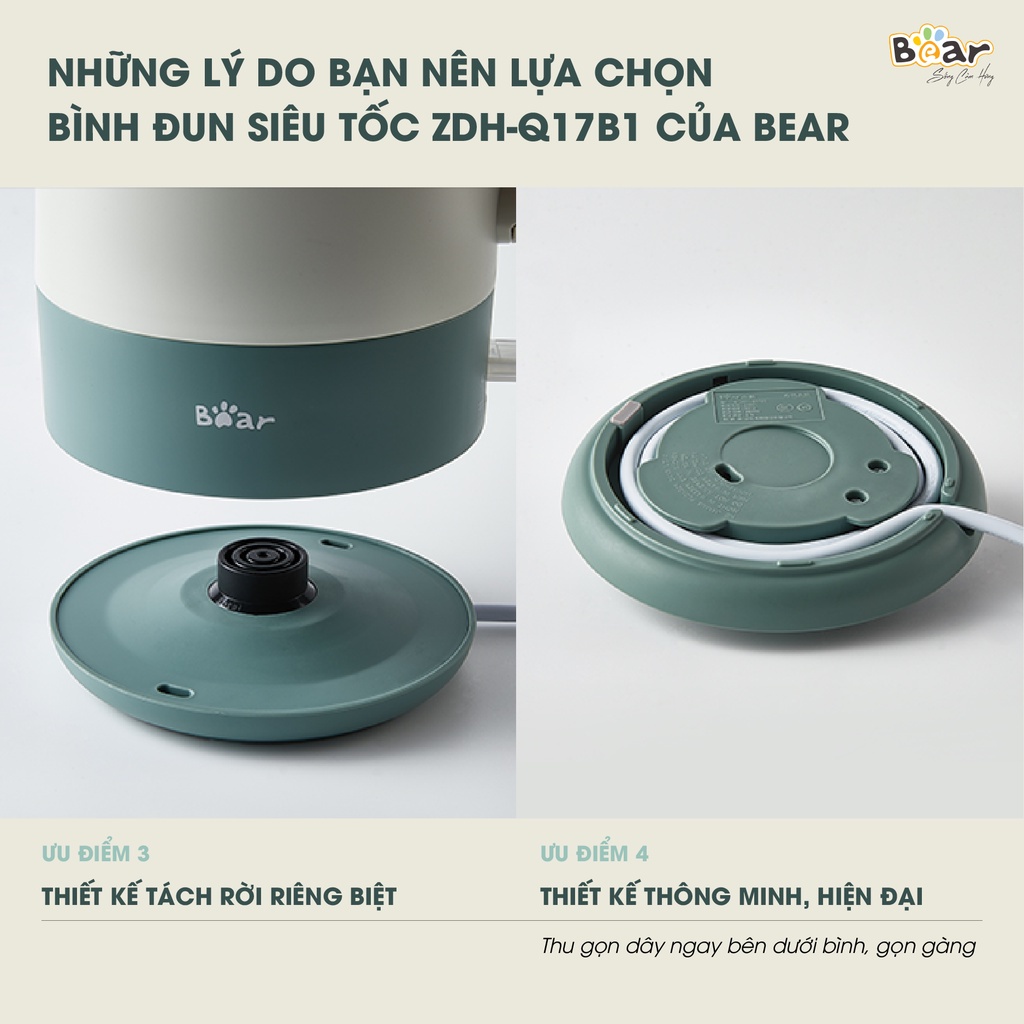 Ấm Pha Trà Siêu Tốc 1,7L Bear Công Suất Lớn, Bình Đun Nước Nóng Nhanh, Bền Bỉ ZDH-Q17B1
