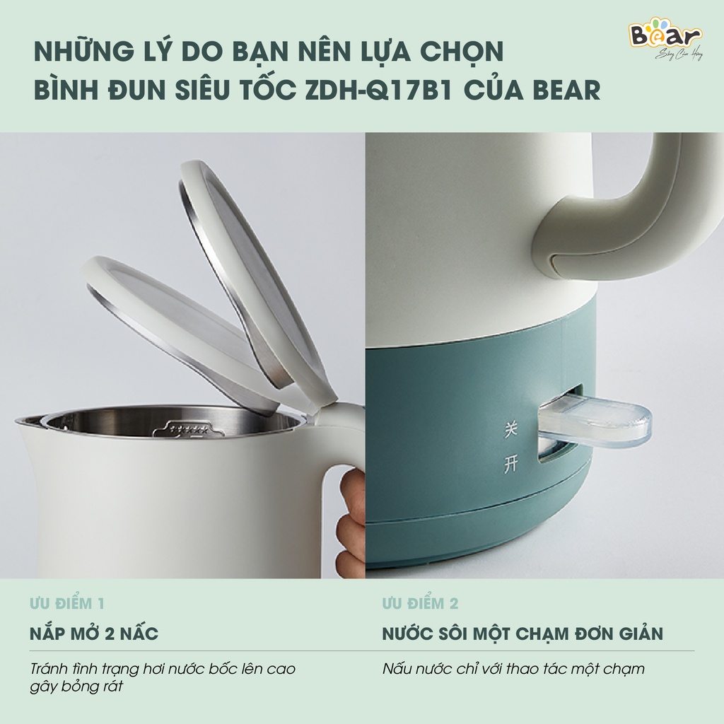 Ấm Pha Trà Siêu Tốc 1,7L Bear Công Suất Lớn, Bình Đun Nước Nóng Nhanh, Bền Bỉ ZDH-Q17B1
