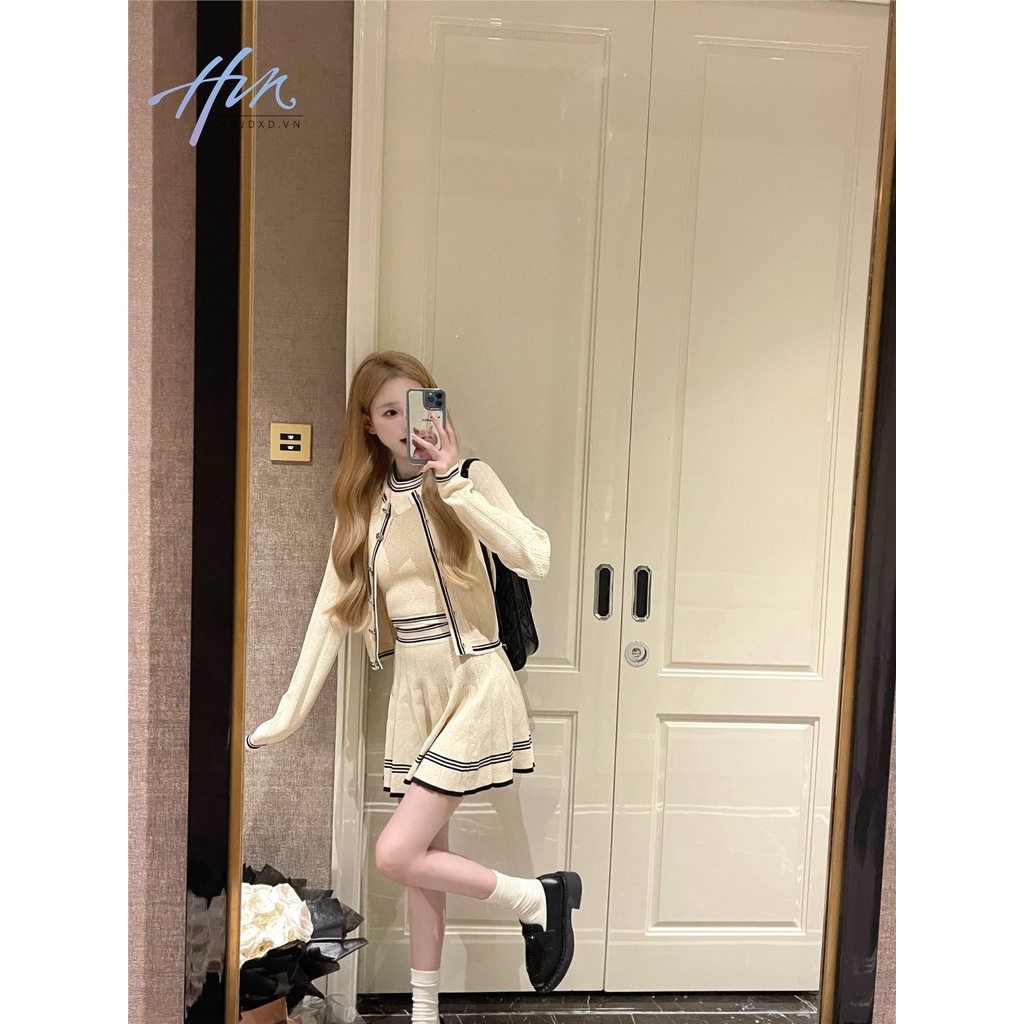 Bộ Áo Khoác Cardigan Dệt Kim + Đầm Xinh Xắn Theo Phong Cách Mùa Thu