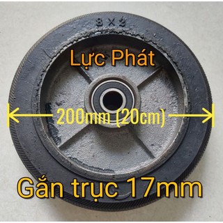 Bánh xe cao su đặc 200mm mâm gang, kèm 2 vòng bi, gắn trục 17mm