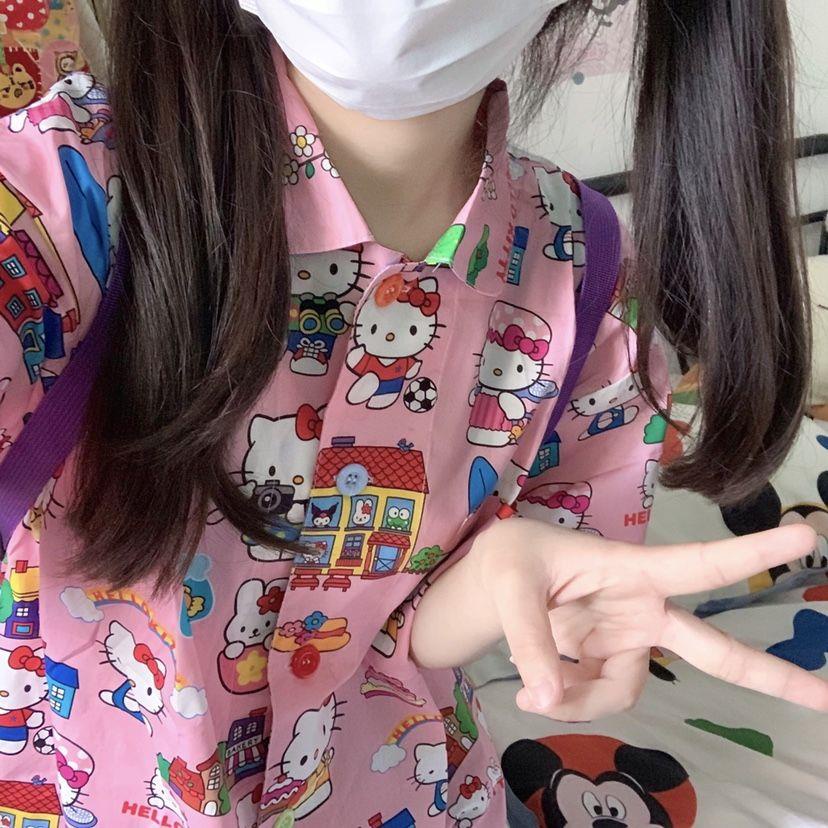 Áo Sơ Mi Ngắn Tay In Họa Tiết Hello Kitty Phong Cách retro Dành Cho Nữ