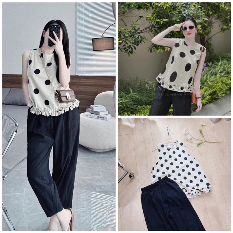 Set áo bèo chấm bi quần  đen