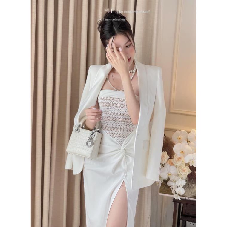 COMBO ĐẦM MIDI XẺ ĐÙI PHỐI REN NGỰC SANG CHẢNH KÈM ÁO KHOÁC VEST THIẾT KẾ